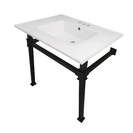 Kingston Brass KVPB31224Q0 31-Inch Ceramic Console Sink (4" Faucet Drilling), White/Matte Black KVPB31224Q0